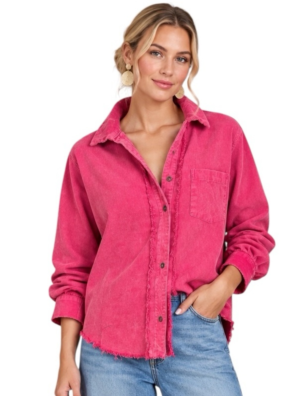 Umgee Pink Corduroy Button Up Long Sleeve Shacket Shirt